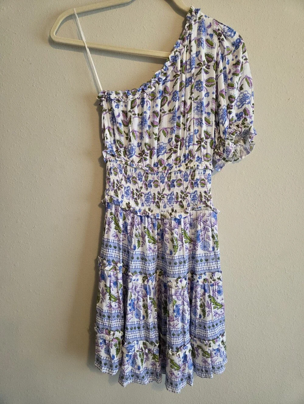 Playa Lucila One-Shoulder Floral Pleated Tiered Ruffle Mini Dress Sz S Festival - Picture 8 of 10